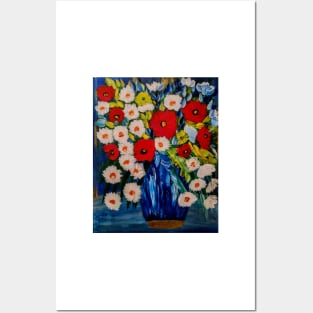 Some fun and bright poppies and mixed flowers in different vibrant colors in a glass vase Posters and Art